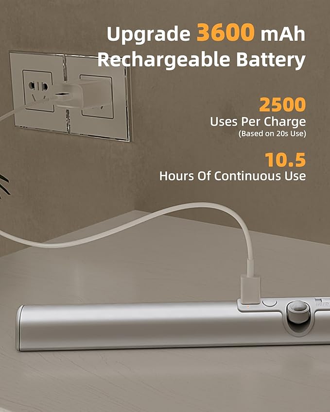 EZVALO 17-Inch LED Motion Sensor Closet Light, Rechargeable 3600mAh Battery, 150 Lumens No-Glare Curved, 3 Color Temperatures & Dimmable Cabinet Light for Wardrobes & Shelves
