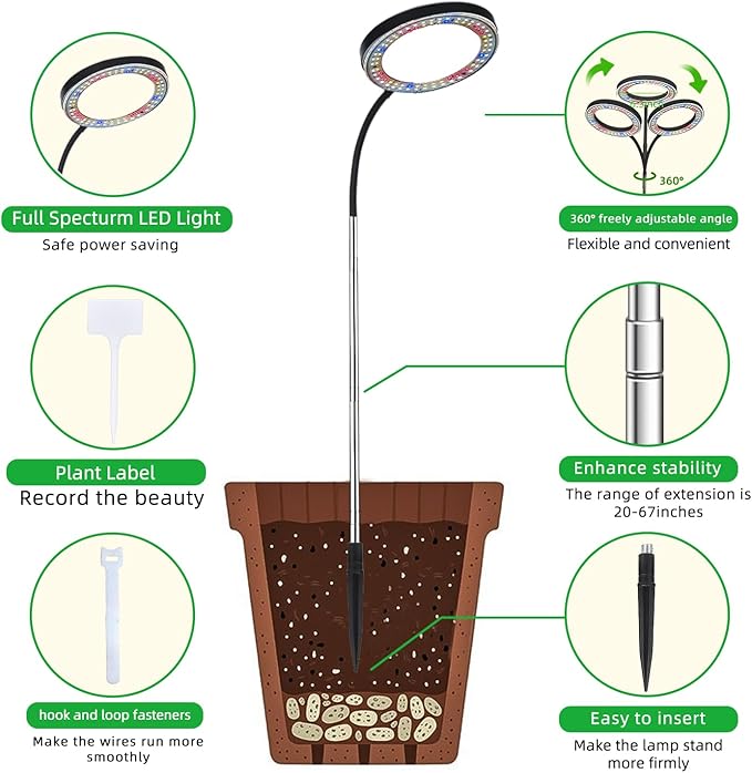 Full Spectrum LED Grow Light, 84 LEDs with 3 Color Modes, 67in Adjustable Gooseneck, 360° Rotating Head, Desktop Plant Light with Timer, 10 Brightness Levels, (Black)