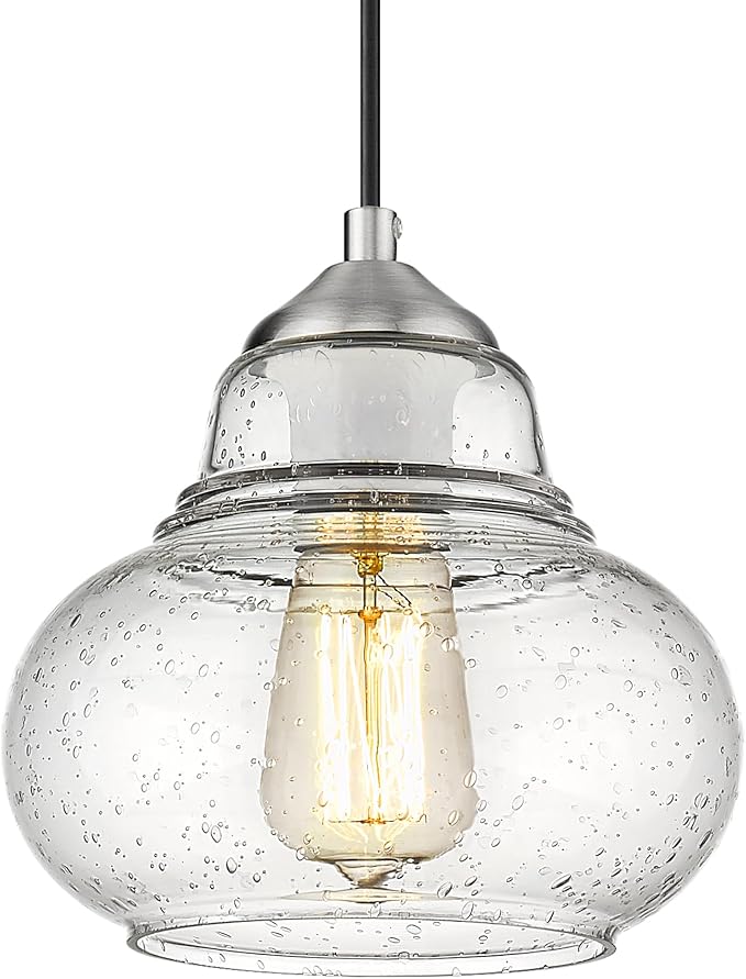 ELYONA 8 Inch Bubble Glass Pendant Light Industrial Kitchen Island Globe Hanging Pendant Light Fxiture Modern Hand Blown Seeded Glass for Farmhouse Dining Room Bar Bedroom Living Room Brushed Nickel