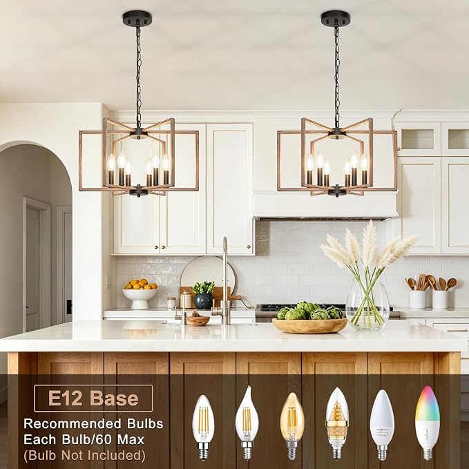 6 Light Rustic Chandelier, Dining Room Light Fixture, Brushed Rustic Wood | Metal Geometric Pendant Light with E12 base, Farmhouse Ceiling Hanging Light Fixture for Dining Room Kitchen Island Entryway