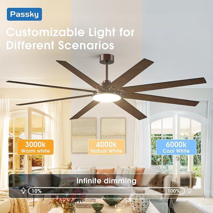 80 Inch Ceiling Fans with Lights and Remote, Brown Modern Ceiling Fan | Reversible DC Motor, Timer, 3CCT, Dimmable, Quiet, Ceiling fan For Living Room, Patio Farmhouse, Indoor/Outdoor