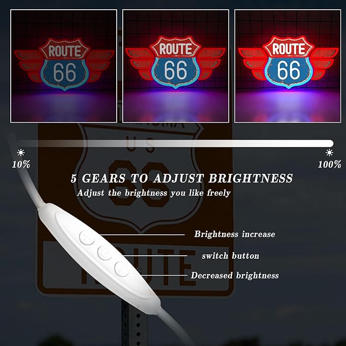 UV Printed Route 66 Neon Sign Vintage Route 66 Garage Wall Decor Dimmable Led Us High Way Sign for Man Cave Garage Neon Lights for Bedroom Party Club Gift