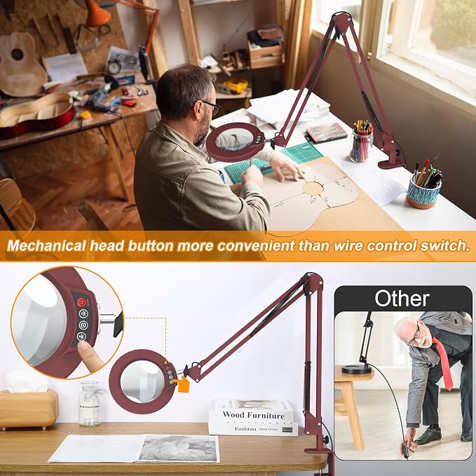 12X Large Magnifying Glass with Light and Clamp, Real Glass, 5 Color Modes, Stepless Dimmable, 2 x 16 Inch Adjustable Swing Arm Stand Desk Lamp, LED Lighted Magnifier Hands Free for Close Work - Red