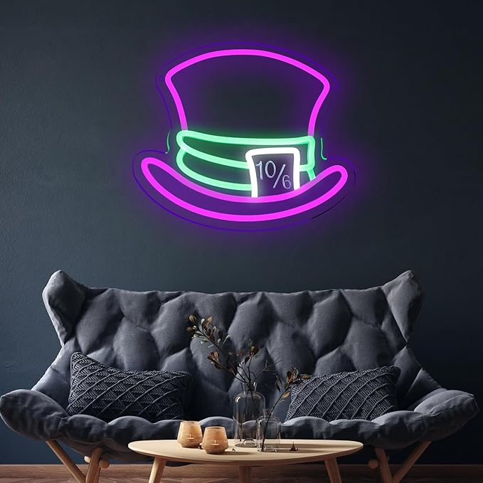 Mad Hatter Hat Neon Signs for Wall Decor Dimmable Alice in Wonderland LED Lights for Bedroom Man Cave Party Bar Background Decoration Birthday and Halloween Gifts, 11.42 * 9.8 Inches