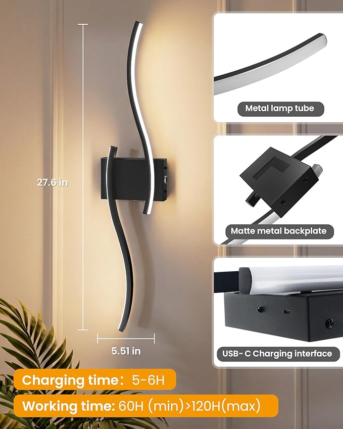 NIORSUN 27.6 Inch Battery Operated Wall Sconce Set of 2, Black Modern Rechargeable Wall Lights with Remote, 3CCT Dimmable Wireless Wall Lamp for Living Room Bedroom Hallway