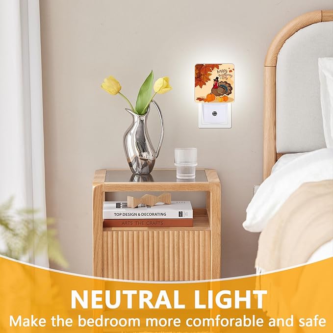 Thanksgiving Turkey Night Light, Plug-into Autumn Maple Leaves Nightlight White LED Lamp, Energy Efficient Decor Desk Lamp for Bedroom Hallway Stairs Bathroom