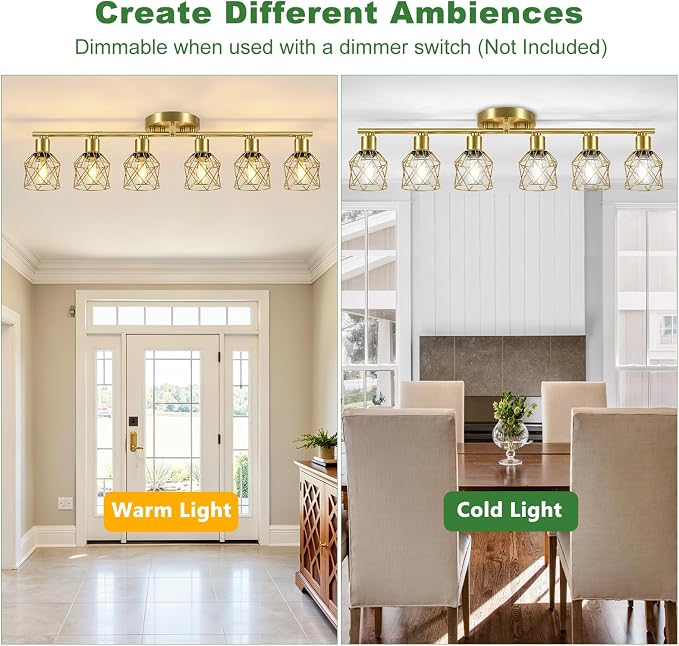Baocuz 6-Lights Gold Semi Flush Mount Ceiling Light, Adjustable Multi-Directional Light Fixtures, Rotatable Farmhouse Light Fixtures with Metal Cage for Dining Room, Living Room, Kitchen