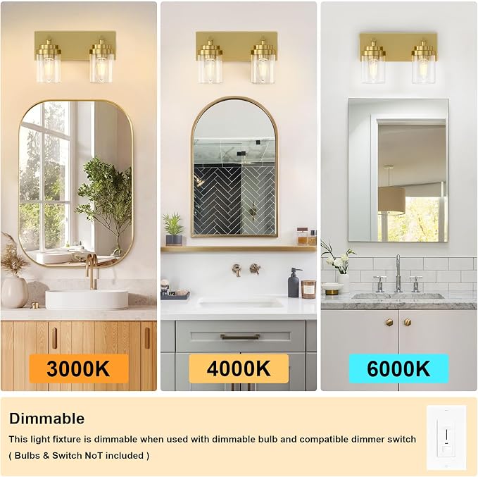IZORRO Bathroom Vanity Light Fixture, 2-Light 15 Inch Gold Bathroom Light Fixtures Over Mirror, with Clear Glass Shade, Modern Farmhouse Vanity Lights, Rustic Restroom Lighting Fixtures