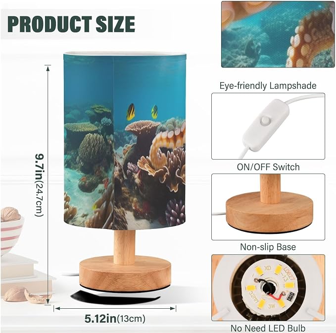 Fustylead Deep Sea Octopus Table Lamp for Bedroom USB Port Lamps Small Accent Table Lamp Nightstand Lamp Sturdy Linen Shade Wooden Base Decorative Lamps for Bedside Reading|Kids|Dorm|Home
