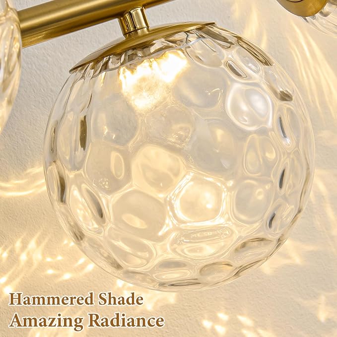LED Brushed Gold Modern Hammered Glass Globe Bathroom Vanity Light | Hammered Glass Globes, Stunning Ripple Reflections, Mid Century Modern Design, Brushed Gold Finish, Integrated LED Source