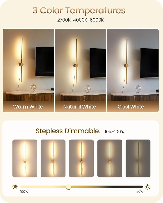 33" Wall Sconces Set of 2 with Remote Control, Dimming & 3 Color Temperatures, Plug-in Gold Wall Lights for Bedroom, Living Room, Adjustable Brightness & Rotatable Lamp Post, D09YBP205