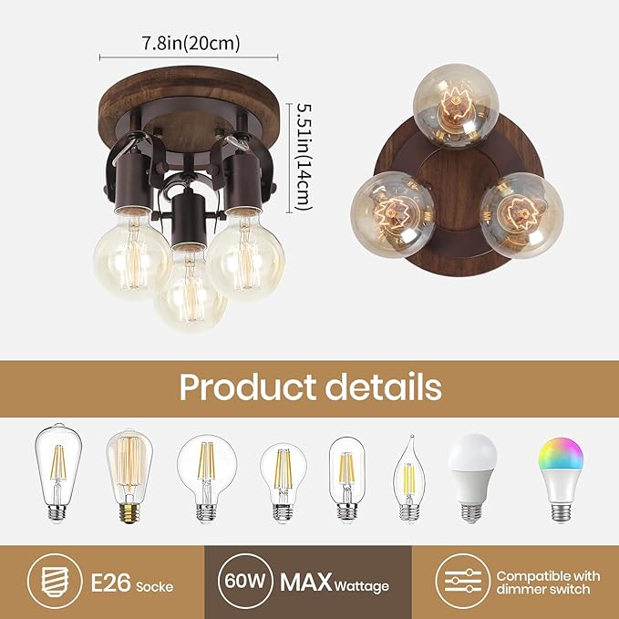 SEEBLEN 3-Light Rustic Track Lighting, Adjustable Flush Mount Ceiling Light with Espresso Wood Base, Dark Bronze Ceiling Track Light for Kitchen Island, Dining Room, Hallway, Entryway