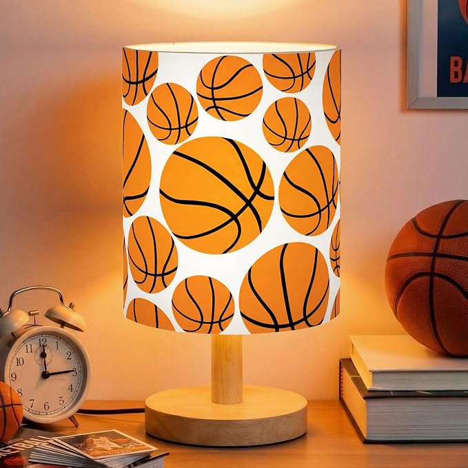 Basketball Kids Table Lamp for Bedroom Kids Bedside Lamp with Linen Wooden Nightstand Cartoon Nursery Lampshade for Girls Boys Living Room