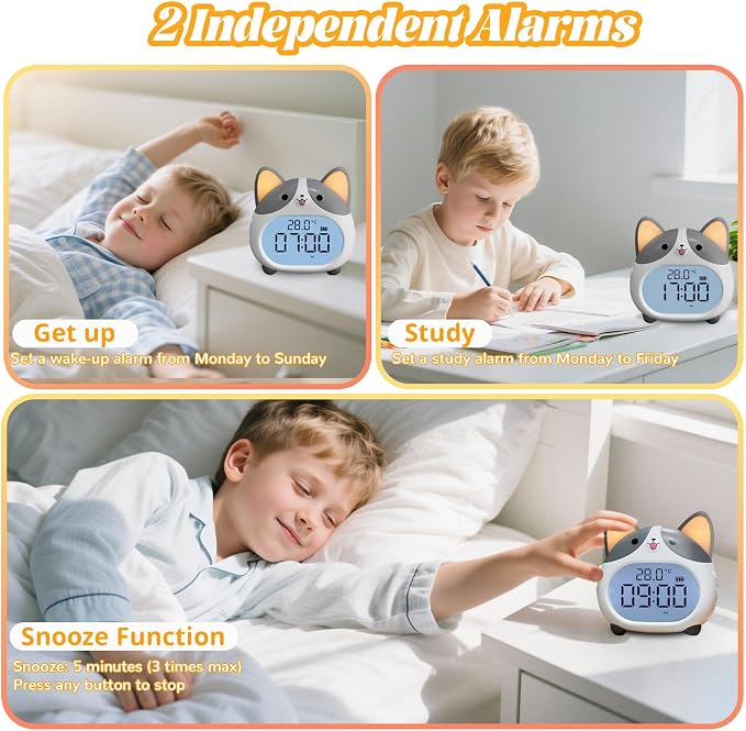 AVEKI Alarm Clocks for Kids - Cute Dog Clock with Night Light, 6 Alarm Tones, Snooze, Timer, Date and Temperature Display - Rechargeable Battery Operated Digital Clocks for Bedroom Kids Room
