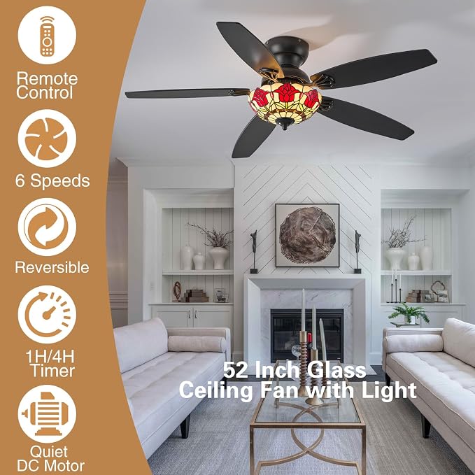Tiffany Ceiling Fans with Lights-52"Ceiling Fan Chandelier and Glass Shade | 52" Ceiling Fan Chandelier with 5 Dual-Blades and Glass Shade, 6 Speeds and Reversible, Indoor and Outdoor, Retro Style