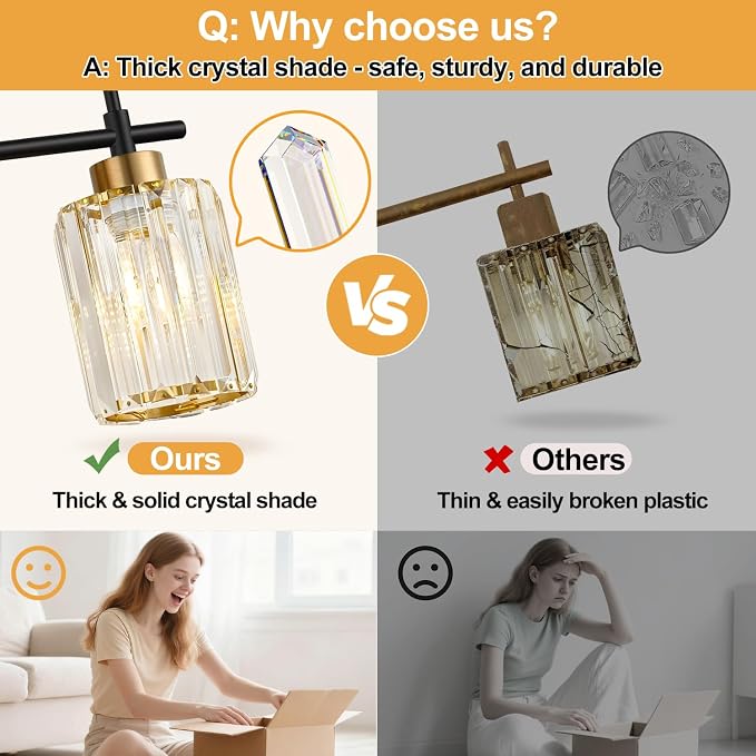 Modern Crystal Bathroom Vanity Light Fixtures, 2-Light Black and Gold Bathroom Wall Sconce Lighting for Over Mirror, Clear K9 Crystal Shades, E26 Base, Bulbs Not Included