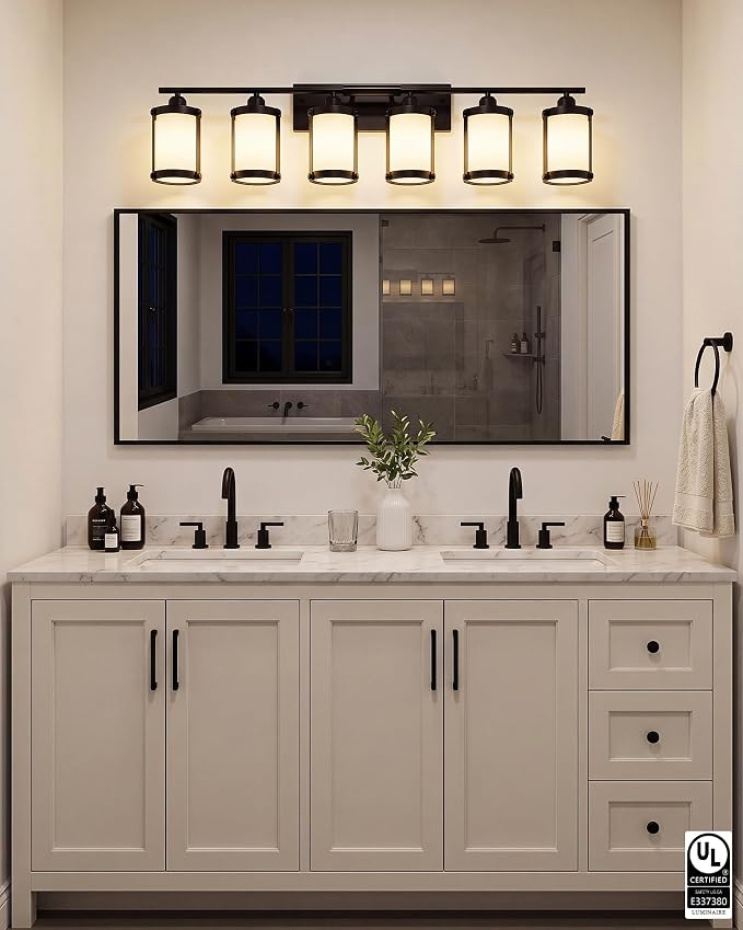 6-Light Matte Black Bathroom Light Fixtures Over Mirror with Frosted Milk Glass and Metal Cage Shade, 42" UL-Listed Modern Farmhouse Wall Sconce for Bath, Hardwire E26, OS-3014BKW-6W