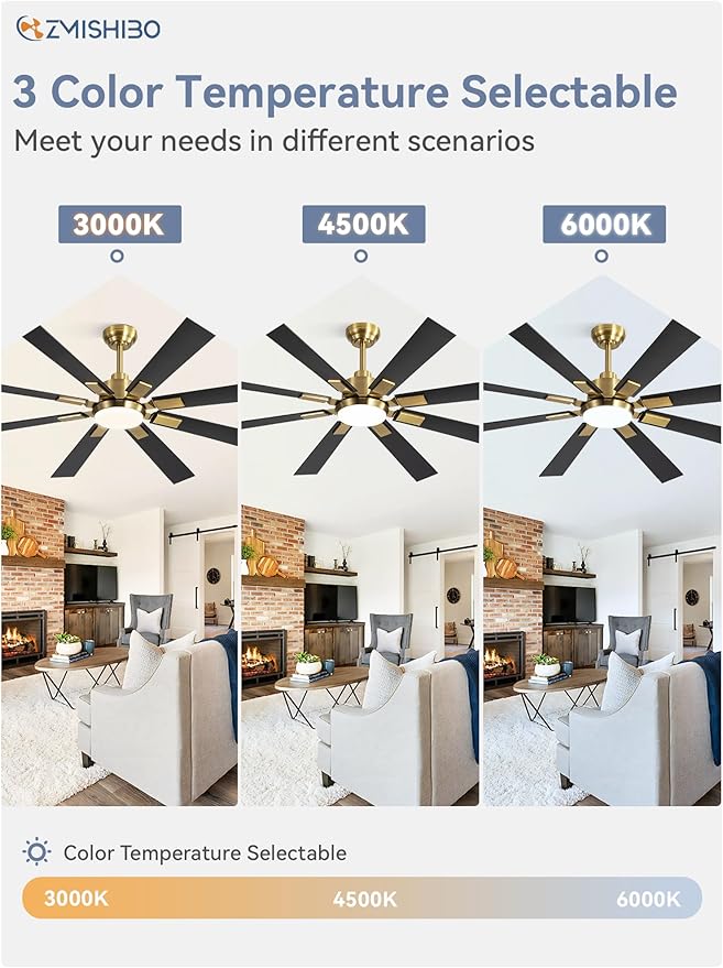 ZMISHIBO 62” Mid Century Ceiling Fan with Light, Remote, Black and Gold | High CFM Powerful Airflow, Quiet DC Motor, 24W 3 CCT LED, Indoor/Covered Outdoor, Dual-Finish, Damp Rated