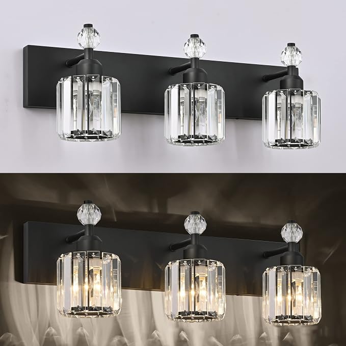 PRESDE Crystal 3 Light Bathroom Vanity Lights Modern Matte Black Bathroom Lights Fixtures Over Mirror Wall Lamp for Bath Bedroom Hallway
