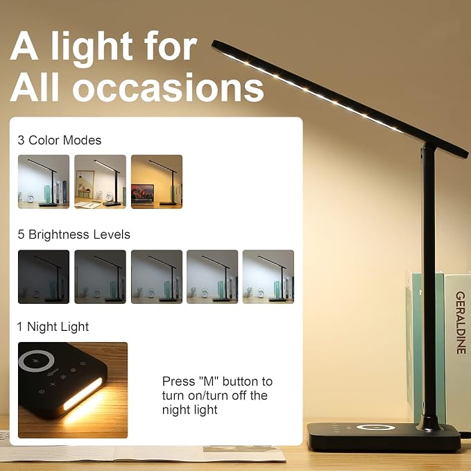 VAVOFO LED Desk Lamp with Fast Charger, USB Charging Port, Desk Light for Home Office with 5 Brightness Levels, Touch Control, 30/60 min Auto Timer, Eye-Caring Dimmable Table Lamp with Adapter