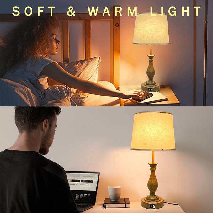 LALISU Farmhouse Table Lamp Touch Control 3-Way Dimmable Table Lamp, Modern Nightstand Lamp with 2 USB Port Bedside Desk Lamp with Fabric Shade for Living Room (Pack 1-Beige Shade & Touch)