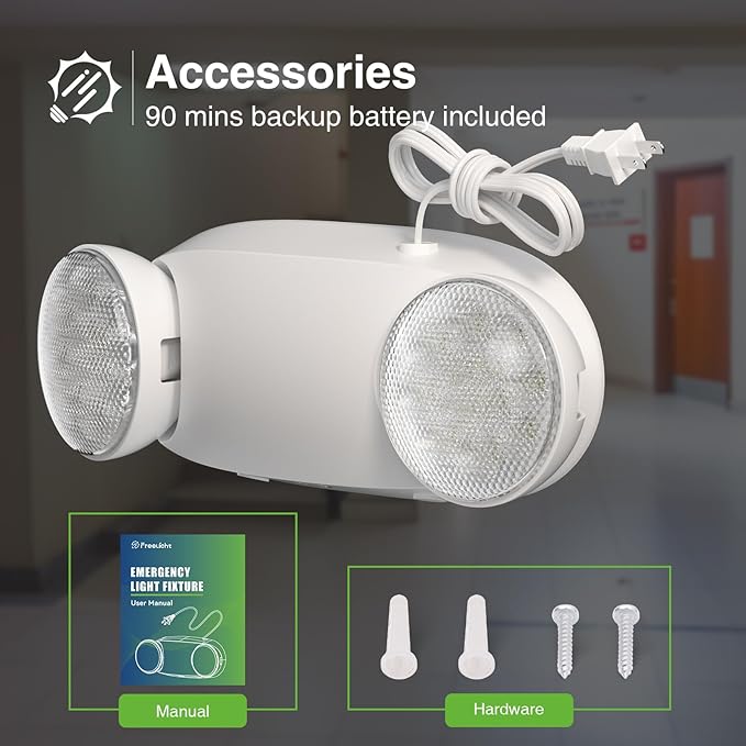 FREELICHT 12 Pack Emergency Lights with Battery Backup, AC 120V, Two Head Adjustable, LED Emergency Lighting Fixture for Business Commercial Use with 4FT Plug in Cord, UL Listed