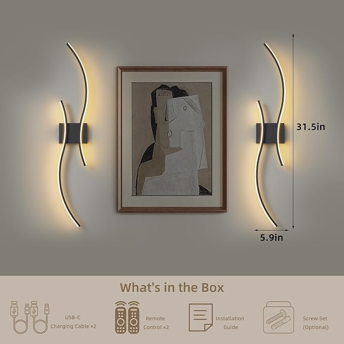 Battery Operated Wall Sconces Set of 2, Dimmable Modern LED Rechargeable Wall Light with Remote Control, Wall Decor for Living Room, Hallway, Quick Install, No Electrician Required