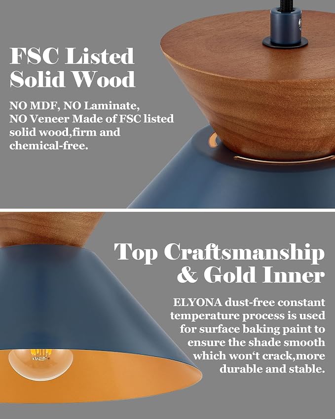 ELYONA 10 Inch Modern Pendant Light Fixture Farmhouse Solid Wood Hanging Lamp with Navy Blue Metal Shade & Gold Inner Finish Adjustable Pendant Light for Kitchen Island Dining Room Bedroom Modern Blue