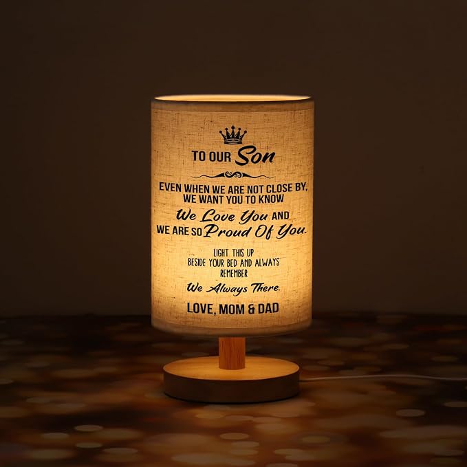 WSYEAR Gifts for Son from Mom Dad- Fabric Wooden Desk Lamp for Reading Bedroom Living Room for Son Adult Graduation Season Gifts, Birthday Gifts, Back to School Gifts