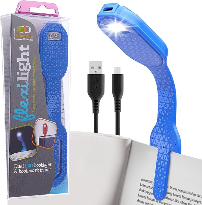 Gifts for Readers & Writers Rechargeable Book Light, Clip On Reading Light for Bed, 2in1 Flexilight & Bookmark, 12 Hours of Light Once Charged, Includes USB Cable & 2 LED Lights, Blue Hexagonal