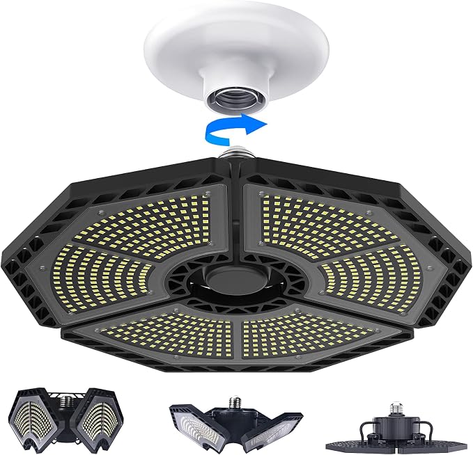 KERNOWO LED Garage Lights, 140W 18500 Lumens Garage Ceiling Lighting, 6000K Daylight with Deformable Three Panels Light Fixture E26/E27 Triple Glow LED Shop Light for Basement Workshop Warehouse