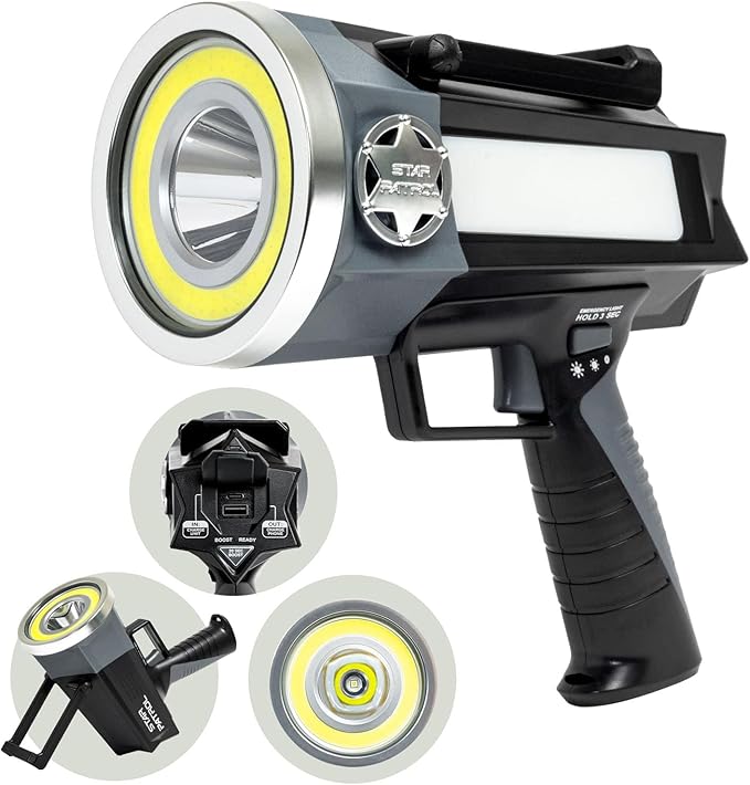 Platinum Rechargeable Spotlight, Tactical Flashlight, 10 Modes | Super Bright Rechargeable Spotlight with 10 Light Modes, Turbo Boost, Phone Charger & Kickstand for Camping & Emergencies