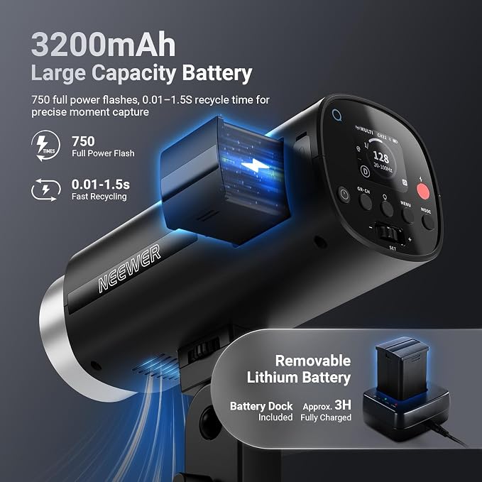 NEEWER 200Ws 2.4G TTL Outdoor Strobe Flash Compatible with Godox, 1/8000s HSS Portable Studio Photography Monolight with Modeling Light/3200mAh Battery/750 Flashes/1.5s Recycle, Q200