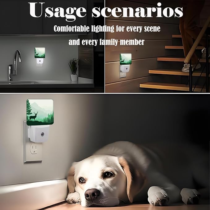 Misty Mountains Forest Night Light,Silhouette Deer Plug Into Wall for Boys Girls Bedroom Decorative Square Night Light Lamp 0.5w Sleep Friendly