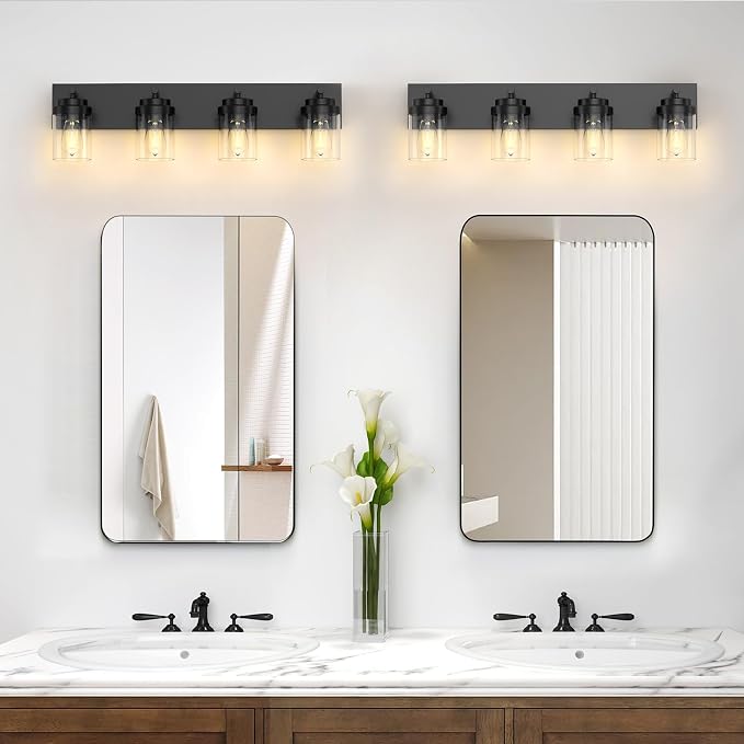 IZORRO Bathroom Vanity Light Fixture, 4-Light 30 Inch Matte Black Bathroom Light Fixtures Over Mirror, with Clear Glass Shade, Modern Farmhouse Vanity Lights, Rustic Restroom Lighting Fixtures