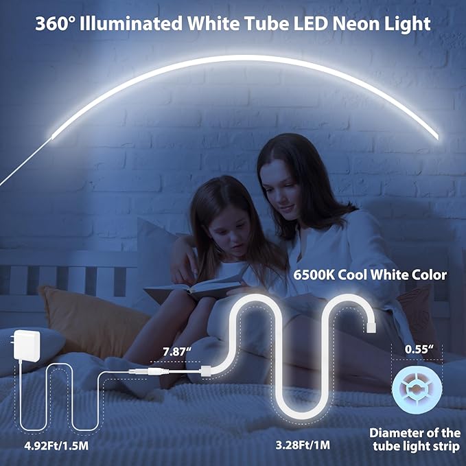 HOUHUI LED Neon Rope Light 360° Lighting,3.28Ft Round Tube 6500K White LED Strip Lights 360 Degree Illumination,IP65 Waterproof Flexible DIY Neon Rope Lights for Bedroom Gaming Room Wall Lights Decor