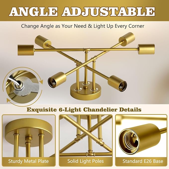 Chandelier, 6-Light Modern Sputnik Ceiling Light, Gold Metal Ceiling Light | Angle Adjustable Dining Room Light Fixture with E26 Base, Light Fixtures Ceiling Mount for Bedroom Living Room Kitchen