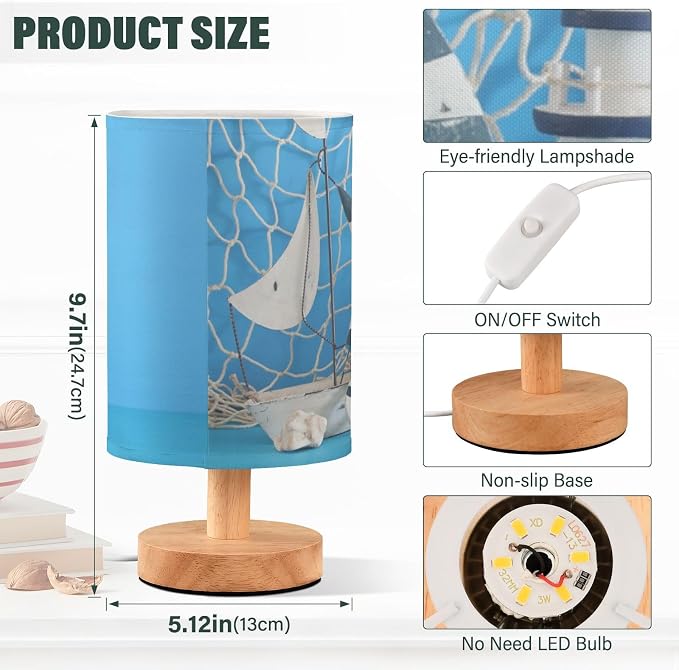Table Lamp Nautical Sailboat Lighthouse Starfish Seashell Fishnet Blue Wood Nightstand Lamp with Wood Base Fabric Lamp Shade Bedside Desk Lamp for Living Room Bedroom Kids Room Office