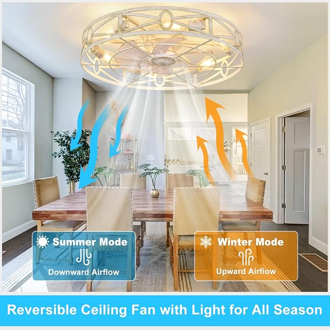 Depuley Flush Mount Ceiling Fan: 24" Caged Ceiling Fans with Remote Control for Patio Kitchen Bedroom - Low Profile Fandelier Lights Fixture Reversible 6 Speed Timer Cement 6*E26 Bulb Not Included