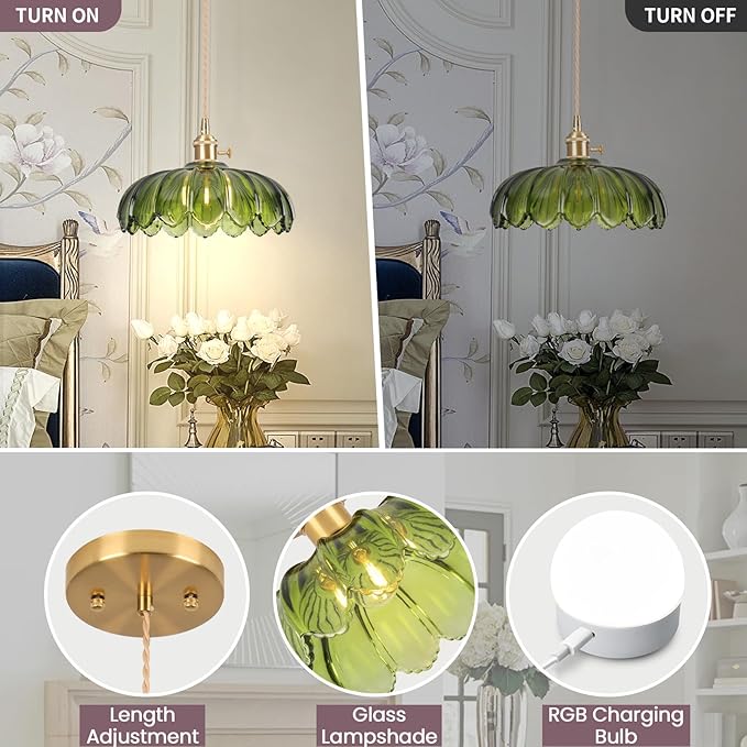 Battery Operated Pendant Light,Vintage Light Fixtures RGB Rechargeable Light Bulb 2500mAh 9.8in with Remote Control Wireless Adjustable Chandelier for Kitchen Island Hallway 1 Light