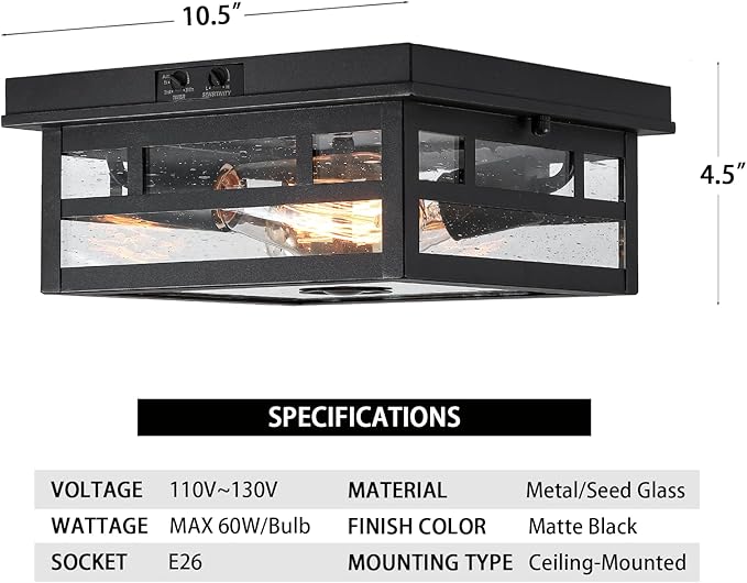 CALOKES Outdoor Flush Mount Motion Sensor Ceiling Light - Timeless Industrial Design with Seeded Clear Glass for Your Porch, Driveway, Covered Patio, Farmhouse, and Entryway