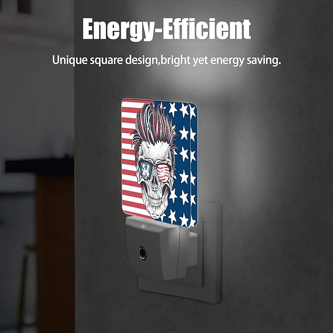 Abstract USA Flag Night Light, Hippe Skull Plug into Wall with Dusk to Dawn Light Sensors, Warm Nightlights for Bedroom, Bathroom, Hallway, Kitchen, Gifts Ideal for Boys Girls Women Men