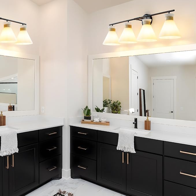 WOSHITU Bathroom Vanity Light Fixtures: 4-Light Mid Century Modern Vanity Lights for Bathroom Over Mirror, Black and Gold Wall Sconce Lighting with Frosted Milky Glass for Bath Bedroom