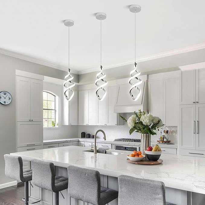 Modern Led Pendant Light Fixture, 15W Chrome Spiral Led Chandelier Hanging Lamp, 4500K Daylight White Pendant Lamp, Adjustable Height Pendant Light for Dining Room Bedroom Kitchen Island Cafe(2 Pack)