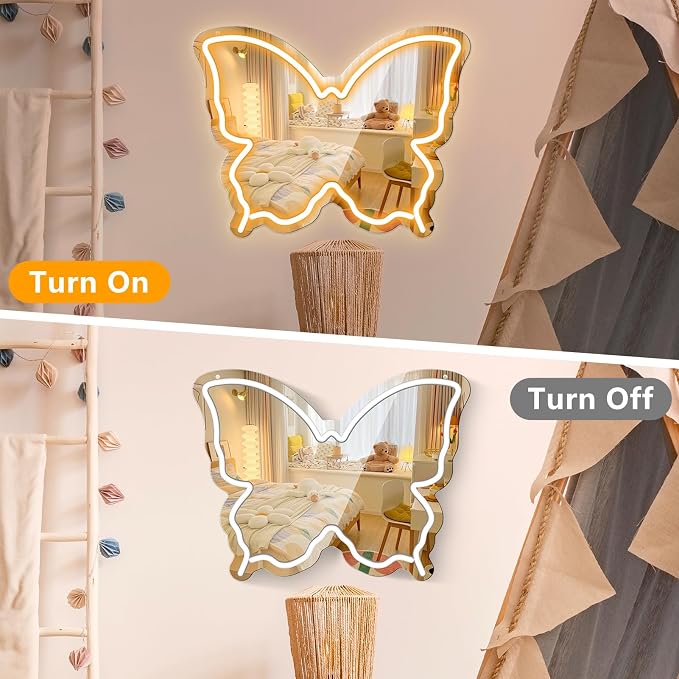 Butterfly Neon Sign Mirror, LED Neon Signs for Wall Decor, 15.7'' x 12'' Dimmable Neon Light for Teen Girls & Kids Birthday Party Gift, Neon Sign for Girl Room Decor, Wall Mirror, USB Powered (Warm White)