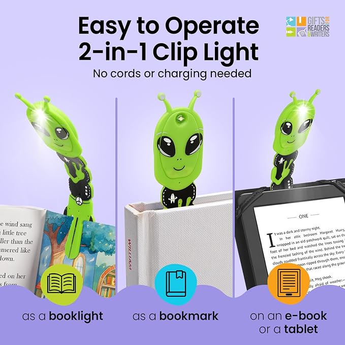 Gifts for Readers & Writers Bookmark Reading Light Alien Green - 2in1 Clip On Bookmark Kids Book Light for Reading Night in Bed, Travel Cute Book Lights, Flexible 8 Lumen LED Lights for Books