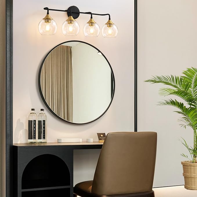 Bathroom Vanity Light 4-Light Black and Gold Vanity Lights 31" | Farmhouse Vanity Lighting Fixtures Over Mirror, Thickened Clear Glass Shade, UL E26 Dimmable Vanity Light Fixtures