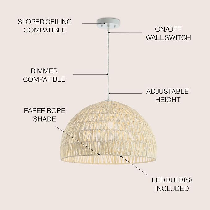 JONATHAN Y Campana 1-Light Pendant Dome Ceiling Lamp, 20", Cream | Modern Coastal Farmhouse Decor, Adjustable Height, Woven Rope Metal Frame, LED Bulb Included, UL Listed