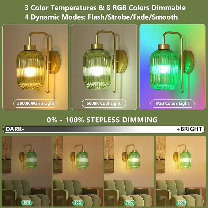 Gold Wireless Sconces Set of 2 with Green Stripe Glass Shade, Battery Operated Wall Sconces with Remote and Dimmable Bulb, Vintage Rechargeable Cordless Wall Lights For Bedside Living Room Bathroom