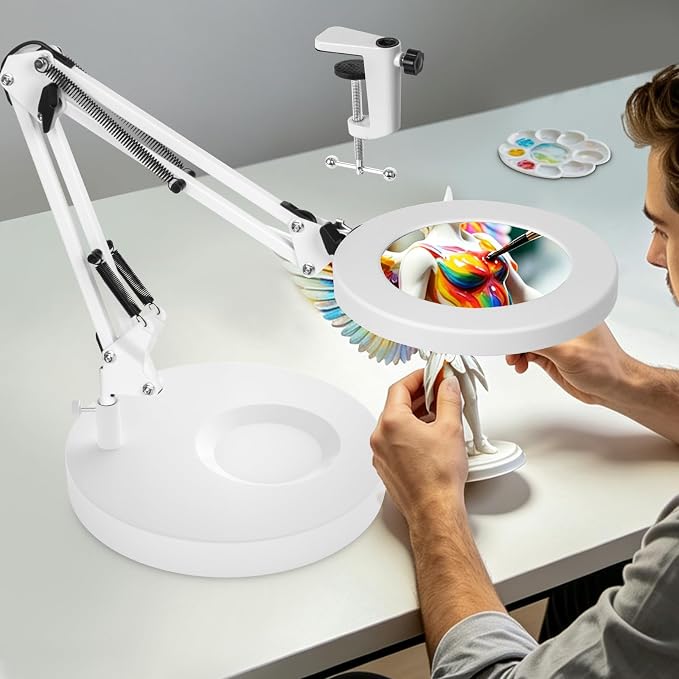 KIRKAS 10X Magnifying Glass with Light and Stand, 2 in 1 Stepless Dimmable | LED Desk Lamp with Clamp, 3 Color Modes Lighted Magnifier Swivel Arm Light for Reading, Craft, Close Works - White